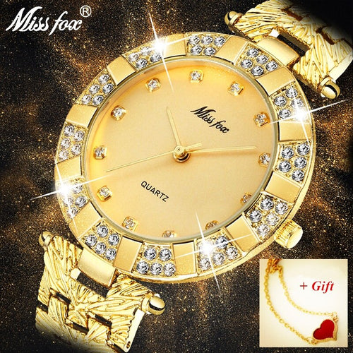 MISSFOX Rhinestone Crystal Women Dress Watch Luxury Analog Waterproof Gold Quartz Ladies Wrist Bracelet Watches Gift reloj mujer