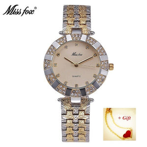 MISSFOX Rhinestone Crystal Women Dress Watch Luxury Analog Waterproof Gold Quartz Ladies Wrist Bracelet Watches Gift reloj mujer