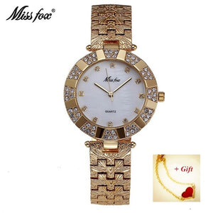 MISSFOX Rhinestone Crystal Women Dress Watch Luxury Analog Waterproof Gold Quartz Ladies Wrist Bracelet Watches Gift reloj mujer