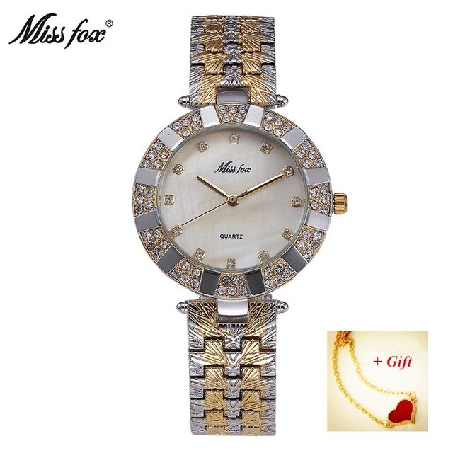 MISSFOX Rhinestone Crystal Women Dress Watch Luxury Analog Waterproof Gold Quartz Ladies Wrist Bracelet Watches Gift reloj mujer